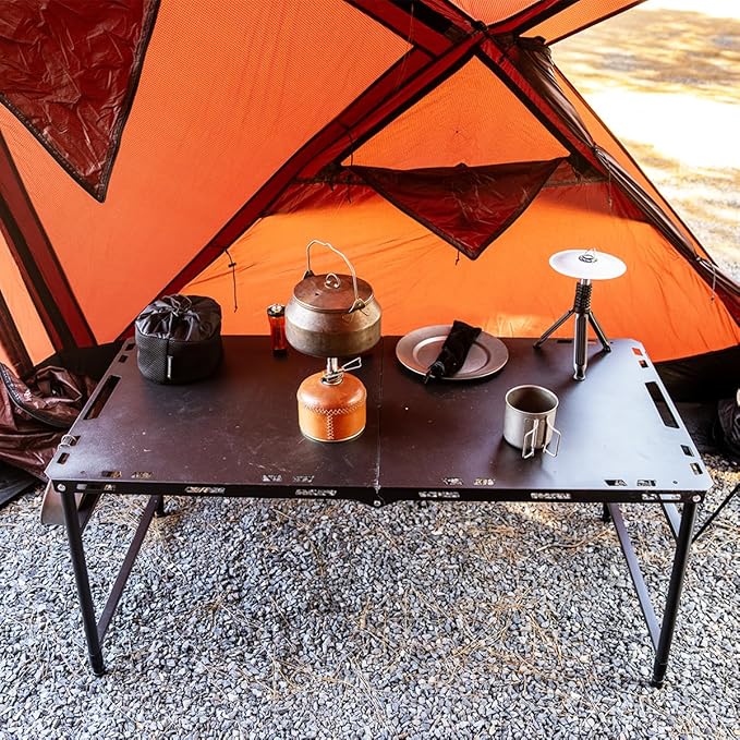 SoloWilder Foldable Camping Table with Gas Struts 3'5 Outdoor Portable Table 19 - 24 Height Adjustable Carbon Steel Lightweight Camping Table 12lb