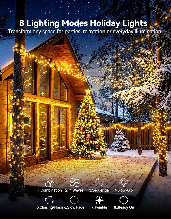 LitHome 99FT 300 LED String Lights Outdoor Waterproof 8 Modes Christmas Lights Plug In Green Wire Warm White String Light with Timer &amp Memory Function Tree Light Outdoor for Xmas Garden Patio D