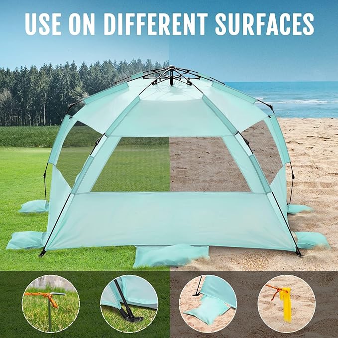 WhiteFang Deluxe Pop Up Beach Tent Sun Shade Shelter for 3-4/5-6 Person UV Protection Extendable Floor with 3 Ventilating Windows Plus Carrying Bag Stakes and Guy Lines