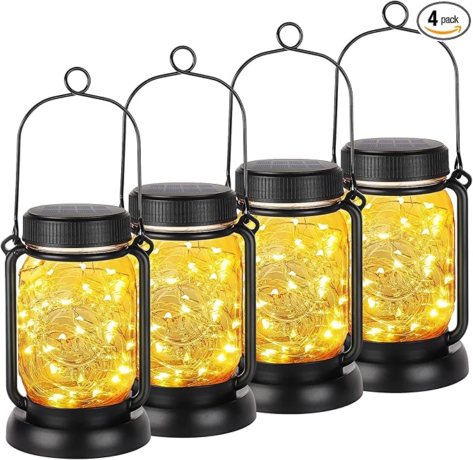 Mlambert 4 Pack Solar Hanging Lantern with Stakes Outdoor Waterproof Solar Mason Jar Fairy String Lights Decorative Vintage Glass Lamp-Warm White