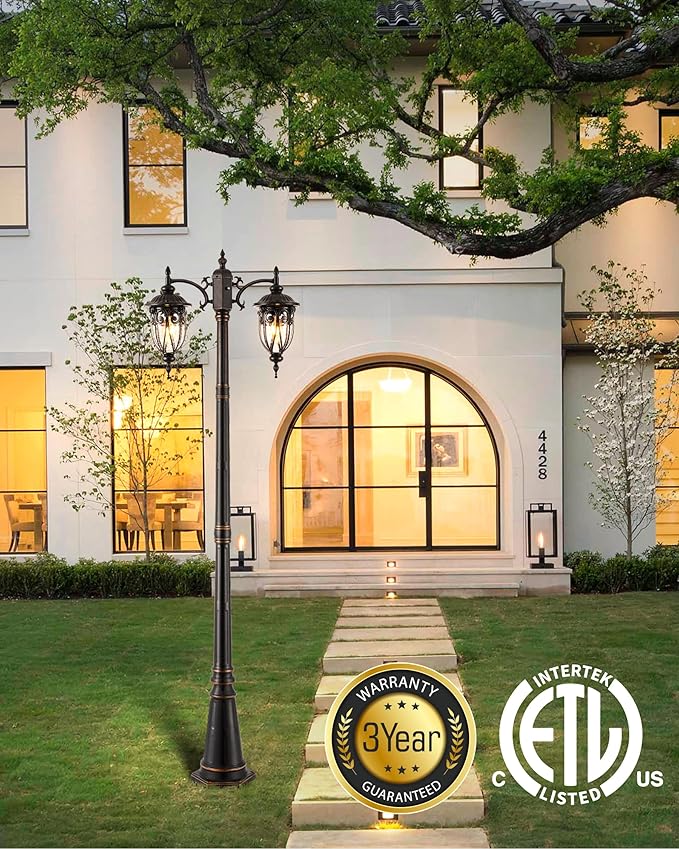 VIANIS 2-Head Outdoor Lamp Post Light Dusk to Dawn Post Lamps Outside Waterproof Seed Glass Lamp Posts Outdoor Lighting Anti-Rust Bronze Light Posts for Outside Garden Yard Doorway Hardwired