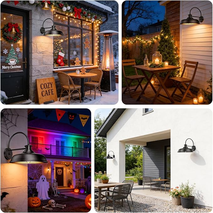 16 inch Dusk to Dawn Outdoor Gooseneck Barn Light Large Rustic Porch Wall Light Fixture Black Industrial Outside Wall Sconces Waterproof Exterior Backyard Lights for Garage Yard Hardwired