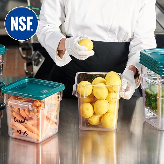 CURTA 8-Pack 4 Qt NSF Clear Polycarbonate Food Storage Containers with Green Lids - Square Commercial-Grade Freezer &amp Dishwasher Safe Stackable