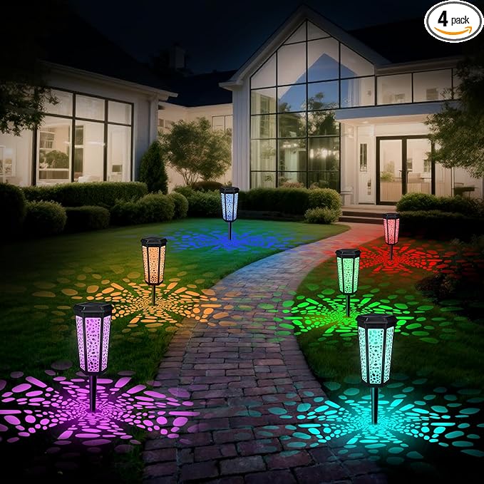 4 Pack Solar Pathway Landscape Lights - RGB Color Changing &amp Warm White Outdoor Waterproof Solar Yard Lights 2 Lighting Modes for Garden Patio Walkway Driveway &amp Sideway