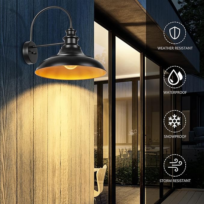 Dusk to Dawn Sensor Outdoor Barn Light Fixture 16 Inch Dome Farmhouse Outdoor Wall Sconce Exterior Wall Mount Light Industrial Black Gold Wall Lantern for Porch Garage Shed1 Pack