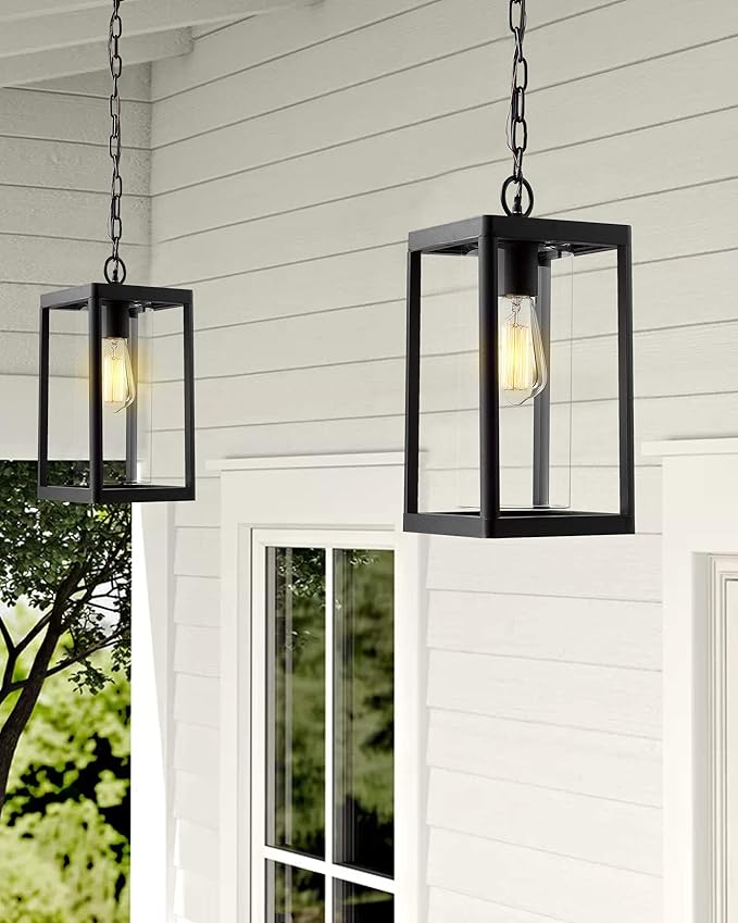 Beionxii Outdoor Pendant Light Modern Exterior Hanging Porch Lantern Black Cast Aluminum w/Clear Cylinder Glass - A291H-1PK
