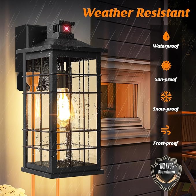 18inch Large Size Motion Sensor Porch Light with GFCI Outlets Dusk to Dawn Black Outdoor Wall Light Fixture 3 Modes Exterior Lighting Fixture Waterproof Outside Wall Lantern Sconce for House 1-Pack