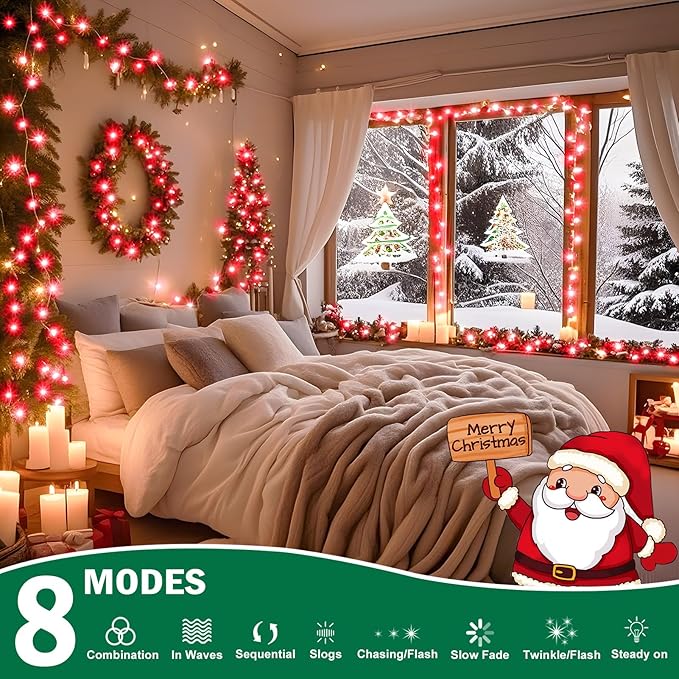 SAUIRS 197FT 500 LED Christmas Lights Outdoor String Lights with 8 Modes Timer Waterproof Fairy Light Plug in for Outside Indoor Party Xmas Palm Tree Yard Wedding Decorations(Red)