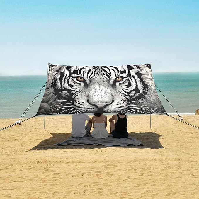White Tiger Face Beach Tent Sun Shelter 9.2' x 10.5' Beach Canopy with 4 Sandbags 4 Stability Poles Sand Shovels - Tent Canopy for Beach Camping Fishing Picnics