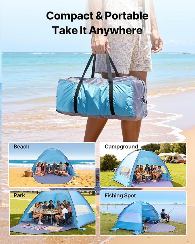 VEVOR Beach Tent Sun Shelter for 8 Person UPF 50+ Protection Portable Sun Shade Beach with Carrying Bag &amp Sand Pockets Lightweight and Easy Setup Beach Umbrella for Camping Fishing Outdoor Picn