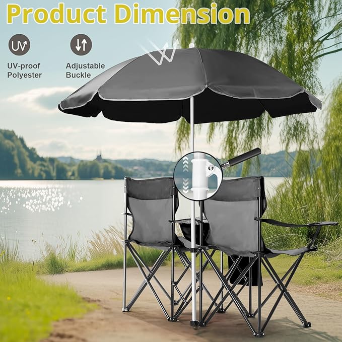 Double Camping ChairDouble Folding Beach Chairs Camping Chair W/Umbrella Mini Table Beverage Holder Carrying Bag for Beach Patio Pool Park OutdoorBlack