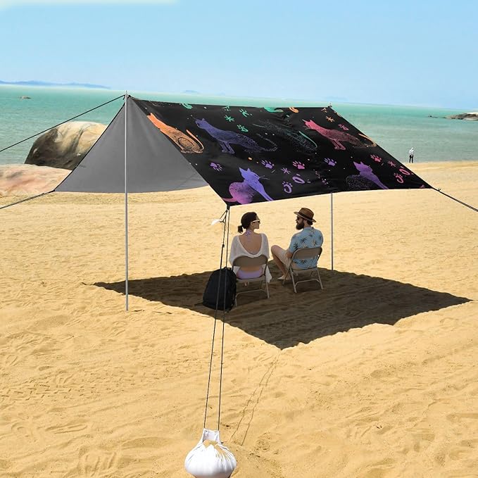 ALAZA Rainbow Cat Paw Prints Beach Tent Sun Shelter UPF50+ Protection Beach Shade Canopy w/ 4 Sandbags for Outdoor Camping Fishing Backyard Fun Picnic 10x9 ft