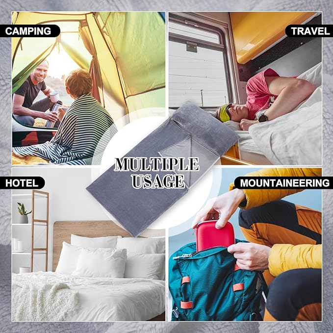 2 Pcs Sleeping Bag Liner for Adult 86 x 41 Inch Grey Flannel Fluffy Sheet &amp Camping Sheet for Autumn Winter Warm Thick Sheets for Backpacking Hotel Traveling Sleeping Bag with Zipper