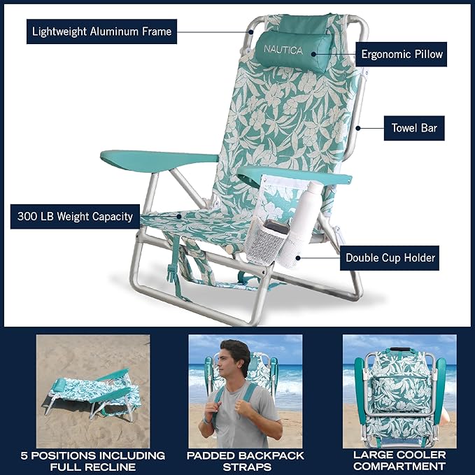 Nautica Backpack Beach Chair – 5 Position Reclining Portable Folding Beach Chair for Adults with Padded Pillow Headrest Insulated Cooler Bag Double Cup Holders Outdoor Folding Chair 300lb