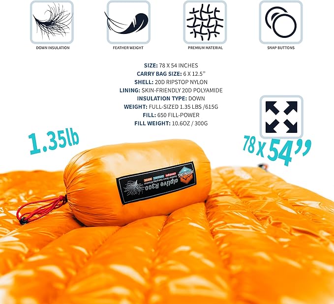 ZOOOBELIVES Ultralight Down Camping Blanket - 1.35lbs 650 Fill Power Puffy Quilt. Compact &amp Warm Comforter for Travel Beach Hammock Backpacking - Elevate Your Outdoor Comfort - AlpliveR300