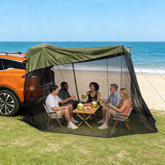 SUV Tent - Mesh/PU Waterproof Sun Protection Canopy126x78x76.7 Inch Windproof Portable SUV Tailgate Tent Vehicle Rear Hiking Traveling