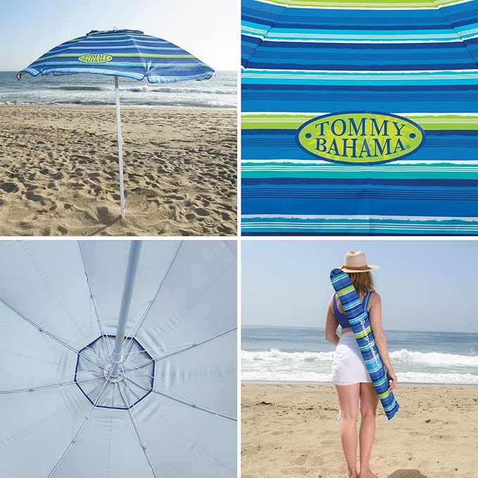 Tommy Bahama 6' UPF 50+ Tilt Beach Umbrella with Integrated Sand Anchor Wind Vent and Carry Bag
