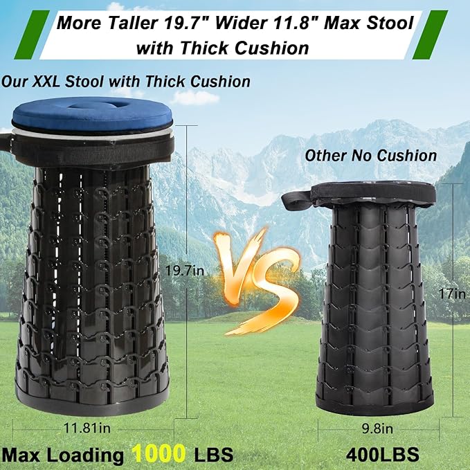2026 Upgraded XXL Collapsible Stool with Thick Cushion19.7H-11.8D Telescoping Folding Stool for Adults More Sturdy Camping Stools with Load Capacity 1000lbs for OutdoorGardenFishingHiking