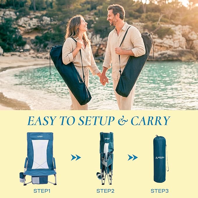 Low Beach Chairs for Adults High BackFolding Portable Sling Beach Camping Chair with Cup HolderLightweight Foldable Camp Lawn Chair for Outdoor Sand Concert Travel Sport Events