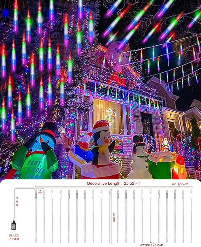 Christmas Meteor Shower Lights 20 in 20 Tube Automatic Changing Cascading Rain Lights with 12 Modes Waterproof Outdoor Xmas Decor for House Yard Wedding Party