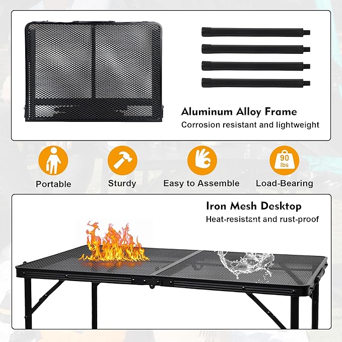 Camping Table with Mesh Desktop Lightweight &amp Portable Folding Grill Table Height Adjustable Metal Outdoor Table for Camp Cooking BBQ RV Picnic-3 FT Black