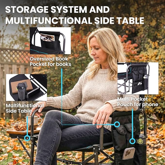 FUNDANGO Oversized Folding Chairs for Outside Fully Padded Camping Director Chair for Adults Support 450lbs Portable lawn chairs with Side Table Side Pockets for outdoor Camp Picnic Lawn Concert