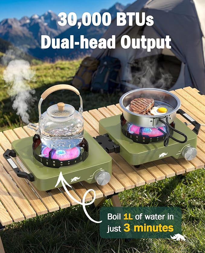 2 Propane Burners Camping Stove 30000 BTU Folding Camp Stove with Windproof Grates and Frying Pan Portable Camping Stoves with Carrying Bag Camping Essentials for Tailgating/Grilling/Coffee Green