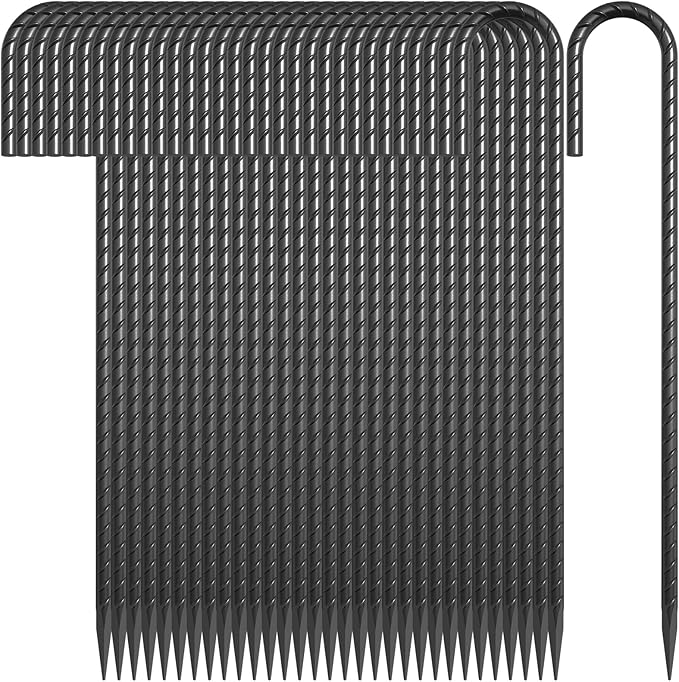 J Hook Rebar Stakes 12 Inch 32 Pack 5/16 Inch Diameter Heavy Duty Steel Tent Stakes Black E-Coated Anti-Rust Ground Anchors for Fencing Tarp Outdoor Decorations Inflatables Bounce House