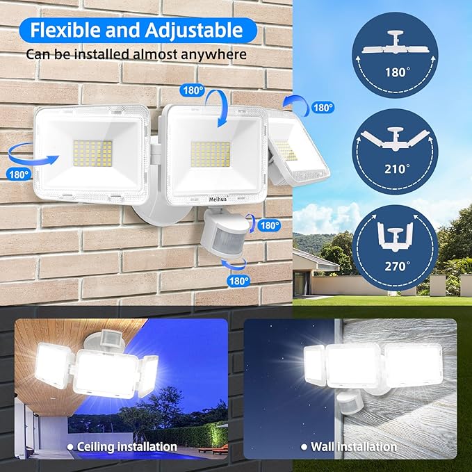 MEIHUA 70W Motion Sensor Outdoor Lights 6800LM LED Security Lights Motion Sensor Light Outdoor 6500K Daylight Dusk to Dawn 3 Adjustable Heads Flood Lights IP66 Waterproof for Outside Garage