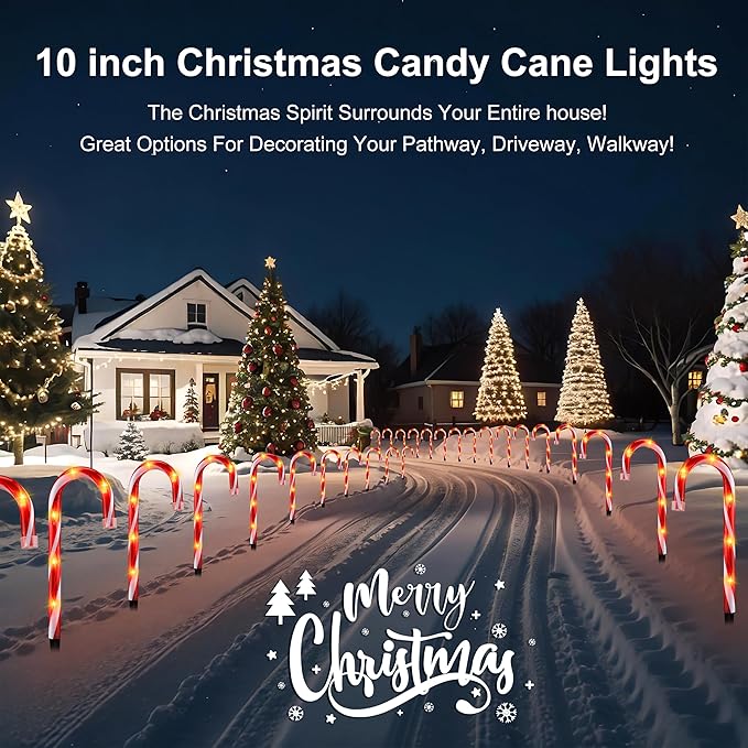 Candy Cane Lights - 10 Pack Candy Cane Pathway Lights 10 Christmas Candy Cane Light Red Outdoor Candy Cane Christmas Decor for Walkway Driveway Sidewalk Garden Xmas Path Stake Light Markers