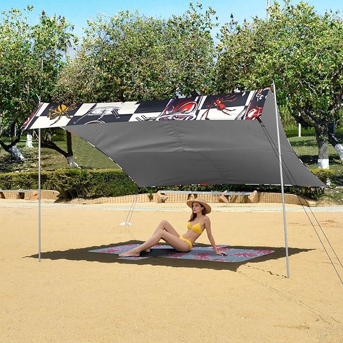 ALAZA Halloween Skulls Checkered Beach Tent Sun Shelter UPF50+ Protection Beach Shade Canopy w/ 4 Sandbags for Outdoor Camping Fishing Backyard Fun Picnic 10x9 ft