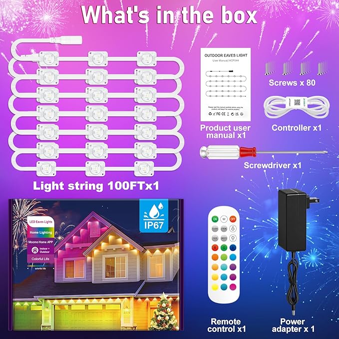 MUCCCUTE Permanent Outdoor Lights for Holidays Easter 100ft RGB House Light w/App &amp Remote Control Smart Rainbow LED IP67 Waterproof for New Year Christmas Roof Eaves Garden Décor All Year Around