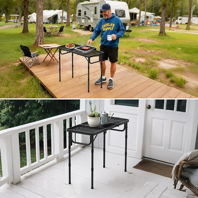 VINTEAM Folding Grill Table with Mesh Top 3 Adjustable Heights Lightweight Portable Camping Table Black Aluminum Alloy BBQ Picnic Table for Outdoor Cooking Tailgating Beach RV &amp Backyard