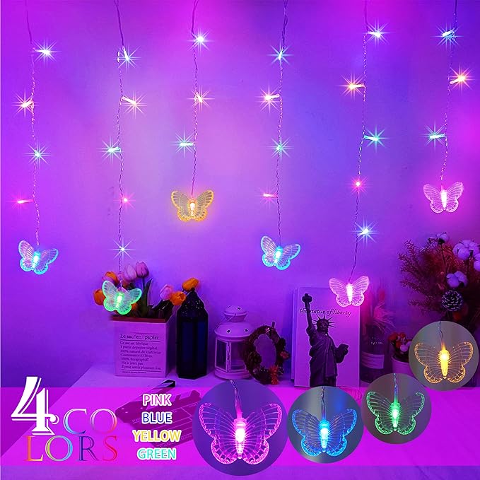 120 LED 20FT Butterfly Curtain Fairy Lights USB Pluged - 8 Modes Starry Twinkle Icicle String Lights with Remote Timer Waterproof for Kids Bedroom Christmas Wedding Party Dorm(Multicolor2)