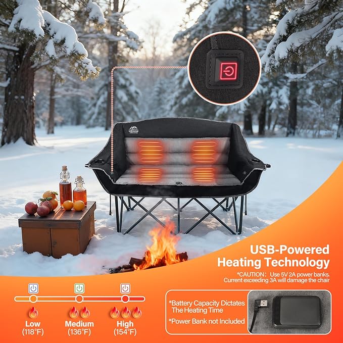 Heated Double Camping Chairs3 Heat Levels Padded Portable Loveseat w/Wine Glass HolderCup HolderHeating Outdoor Camp Couch Support 600 LbsBlackBattery NOT Included
