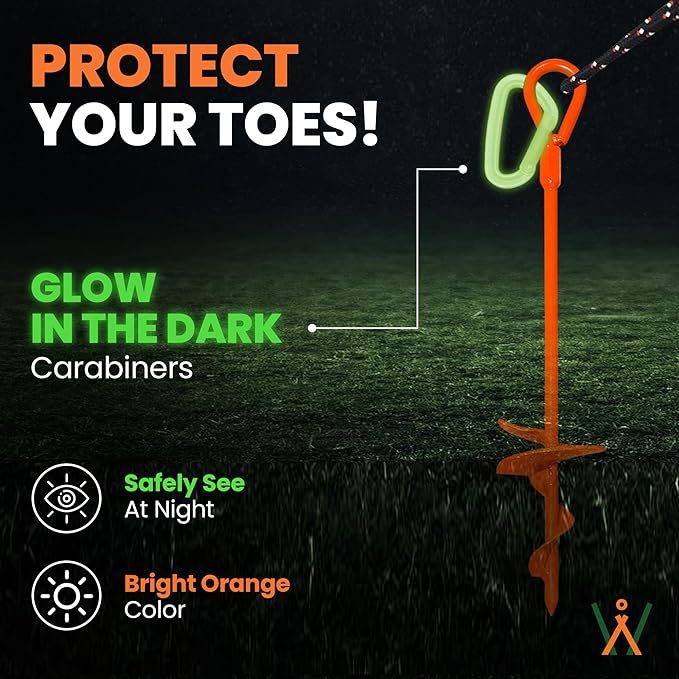 15 Screw-In Ground Anchors (4 Pack) – Heavy Duty Orange Trampoline Stakes High Visibility Earth Augers with Drill Bit &amp Glow Carabiners for Canopy Tents Carports &amp Swing Sets