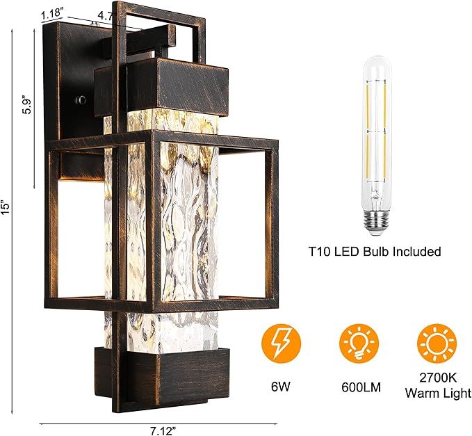 PARTPHONER Modern Outdoor Light Fixture Dusk to Dawn Outdoor Lighting 15 H Exterior Wall Sconce Waterproof Porch Light Outside Light for House with Water Glass for Garage Doorway Black Brushed Gold