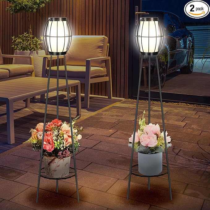 2 Pack Solar Lights Outdoor with Plant Stands Solar Floor Lamps Black Metal Tripod Deck Lights Patio Decor for Garden Yard Pathway Driveway Porch
