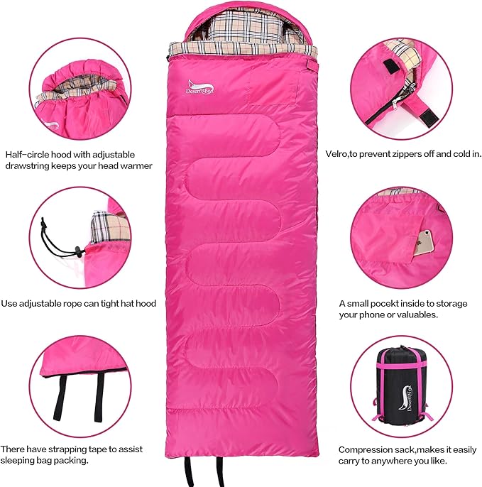 Desert &amp Fox Cotton Flannel Sleeping Bags with Pillow 4 Season Warm &amp Cold Weather Envelope Compression Sack Lightweight &amp Portable Backpacking Sleeping Bag for Outdoor Camping Hiking