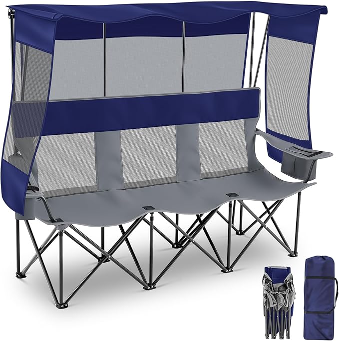 3 Person Camping Chair with Canopy Shade Oversized Folding Beach Couch Style Camping Sofa Portable Outdoor Lawn Seat Tailgate Chair with Umbrella for Beach Sport Sideline Backyard Festival