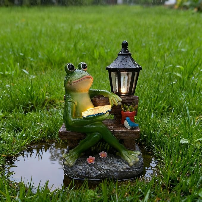 Reading Frog Solar Garden Statue with Lantern Light - Outdoor Decorative Resin Sculpture Weather-Resistant LED Solar Figurine for Yard Patio Garden Path Porch Ambience Lighting Decor