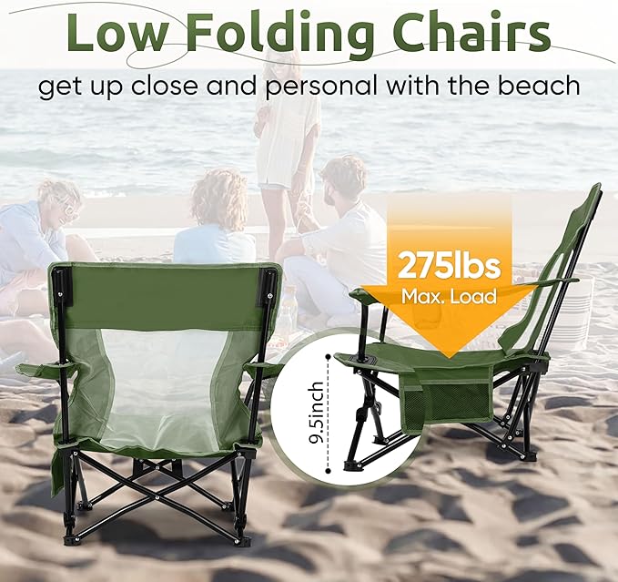 HaSteeL Folding Beach Chair Set of 2 Foldable Green Camping Chairs for Outside Low Beach Chair Portable for Adults Fishing Picnic Outdoor BBQ Travel Sports Cup Holder &amp Storage Bag