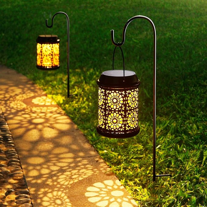 DenicMic Solar Lantern Outdoor Solar Lights Outdoor Hanging Lantern with Handle &amp Hook Waterproof 25 Lumen Warm White LED Metal Decorative for Garden Patio PorchYard Walkway1Pack (Black)