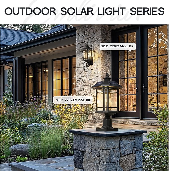 Emliviar 20.5 Solar Post Light Outdoor Large Black Solar Column Light Head with Remote Control LED Exterior Fence Lamp with Water Grain Glass 22021MP-SL BK