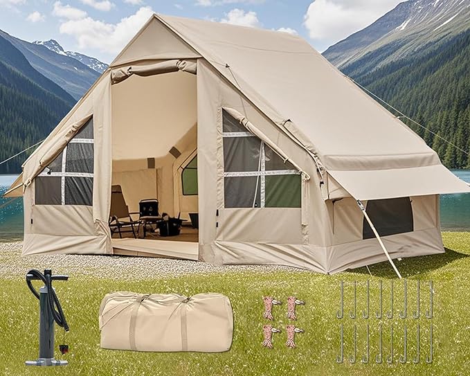 Inflatable Camping Tent2/4/6/8 Person Glamping Inflatable Tents with Awning Quick Setup Blow Up Tents with Pump Waterproof Oxford Inflatable House for Camping Air Glamping Hot Tents for Adult