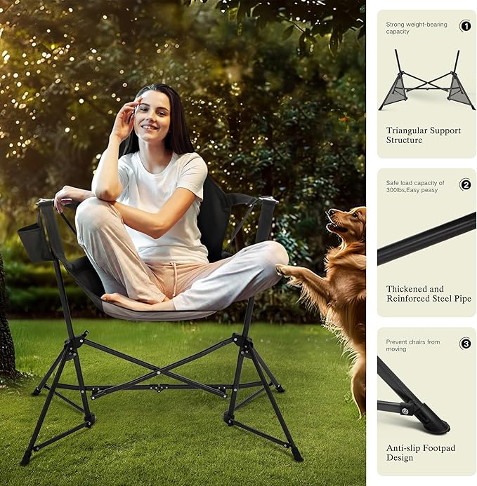 HIGH POINT SPORTS Hammock Camping Chair Adjustable Back Swinging Chair Folding Outdoor Rocking Chair Heavy Duty Portable Camp Chair with Cup Holder and High Back for Adults Black