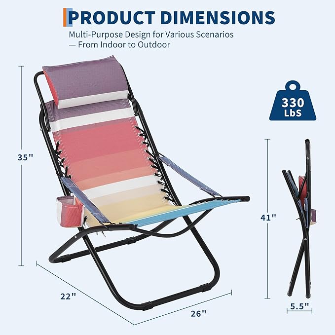 Folding Camping Chair with Head Support Stable Portable Compact Beach Chair Lawn Chairs Folding for Outdoor Camp Travel Picnic Festival Hiking Backpacking