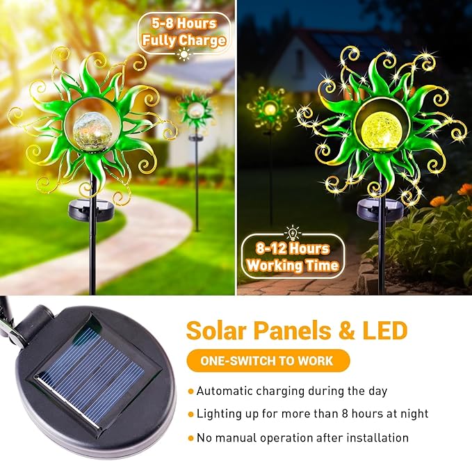 Solar Garden Lights Outdoor Green Metal Sun Stake with 30 LED Waterproof Vine String Crackle Glass Spring Decor for PatioYardrLawn Gardening Birthday Gifts