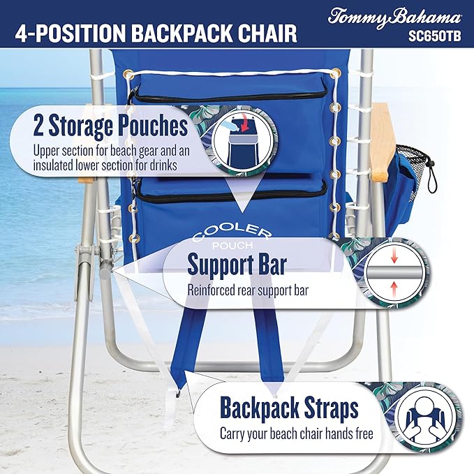 Tommy Bahama Hi-Boy 17 Seat Height 4-Position Lace-Up Suspension Folding Beach Backpack Chair