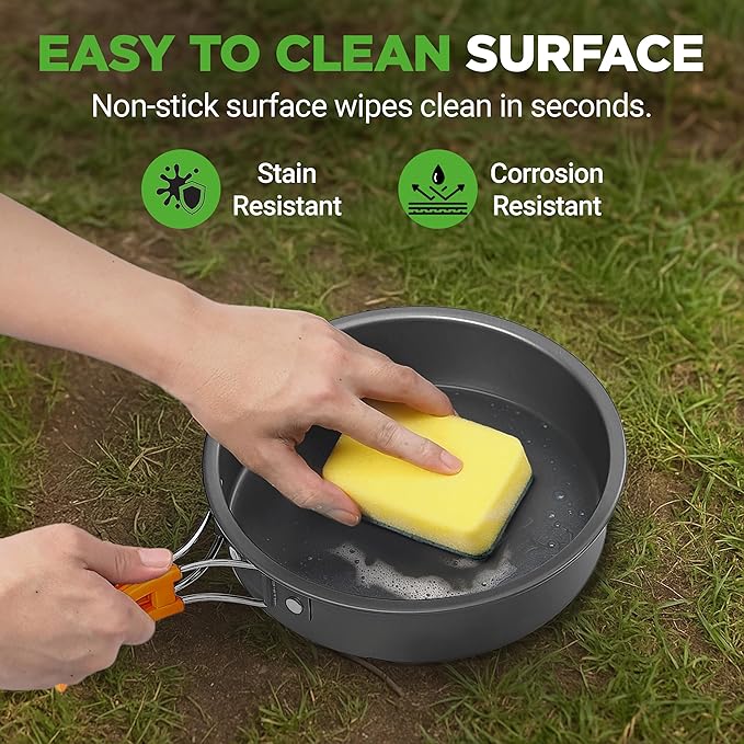 NutriChef Camping Cookware Set - Lightweight Nonstick Pots Pans Utensils Bowls Cutlery and Cleaning Tools with Mesh Bag Foldable Handles Compact Outdoor Cooking Gear for Hiking &amp Travel (Gr